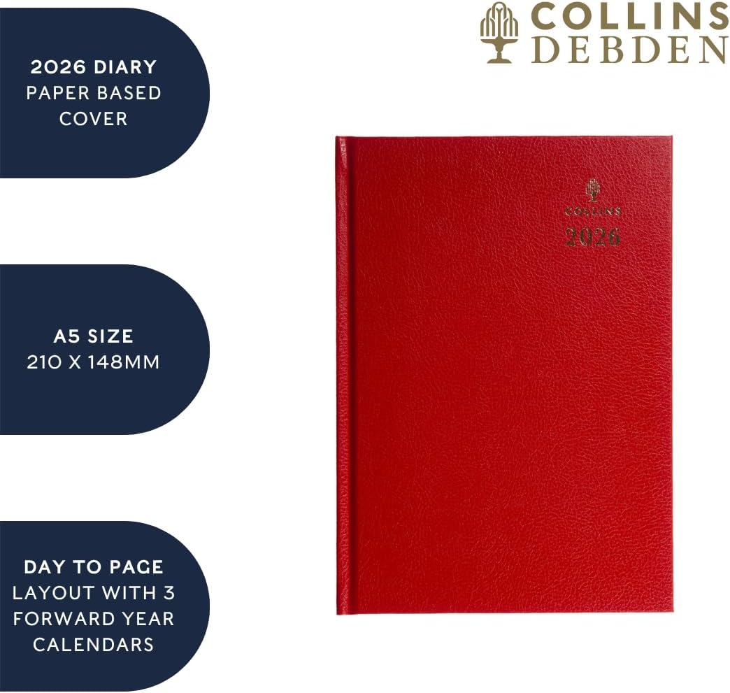 Collins - Desk - 2026 12 Month Calendar Year Planner, Day-To-Page Diary, A5 Hard Cover - Blue (52.60-26