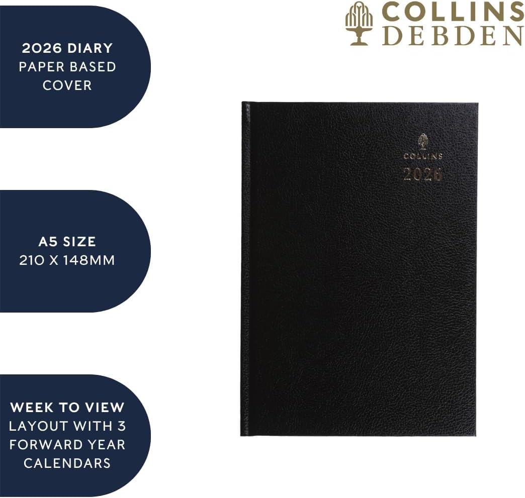 Collins - Desk - 2026 12 Month Calendar Year Planner, Week-To-View Diary, A5 Hard Cover - Black (35.99-26