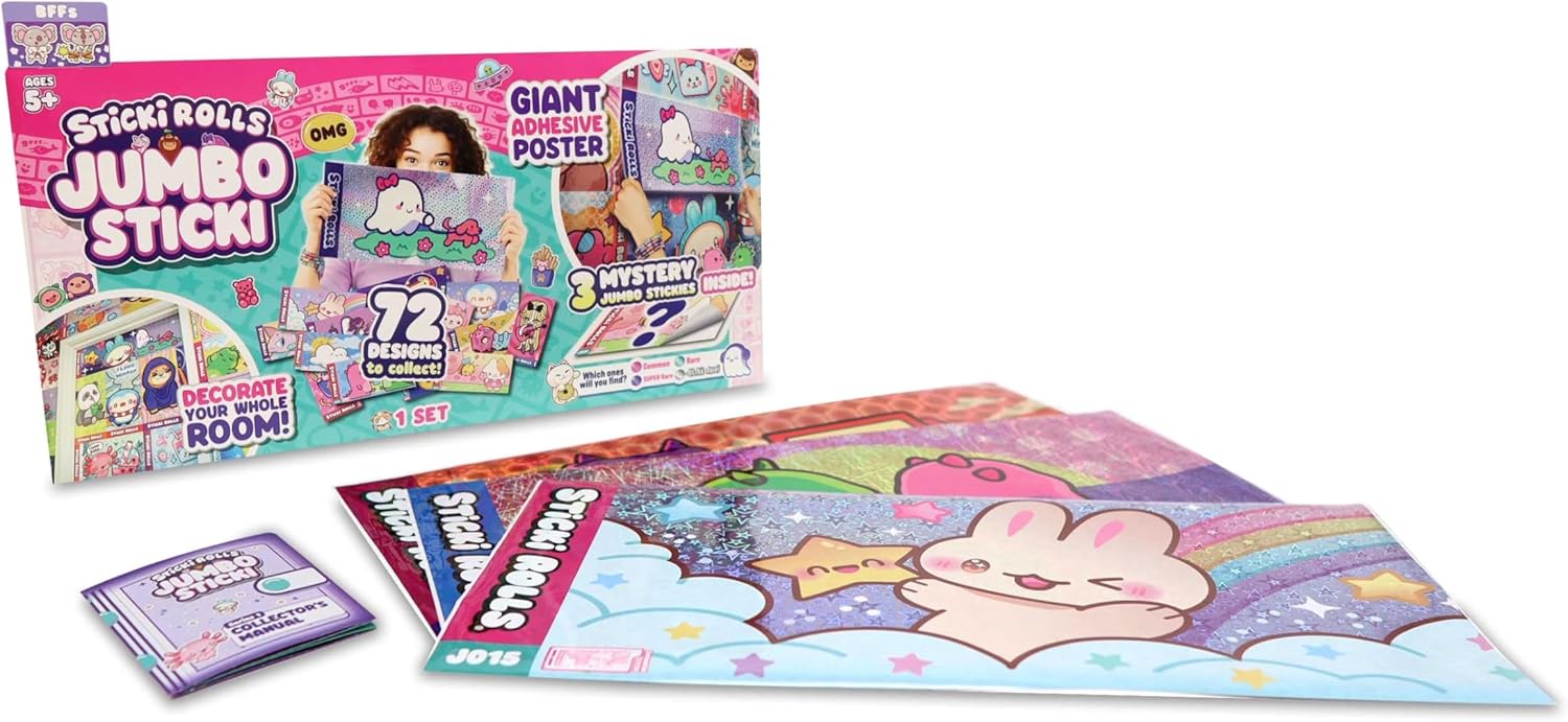 Sticki Rolls Jumbo Stickies, Giant Re-Stickable Foil Stickers, Unique Kawaii Designs, Collectible Wall Décor for Kids Ages 5+
