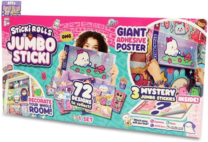 Sticki Rolls Jumbo Stickies, Giant Re-Stickable Foil Stickers, Unique Kawaii Designs, Collectible Wall Décor for Kids Ages 5+