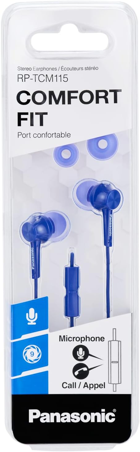 Panasonic RP-TCM115 Auricolari In-Ear Ergonomici, Driver da 9 mm, Bassi Potenti, Microfono in Linea, Compatibili con Smartphone, Cavo da 1,2 m, Blu