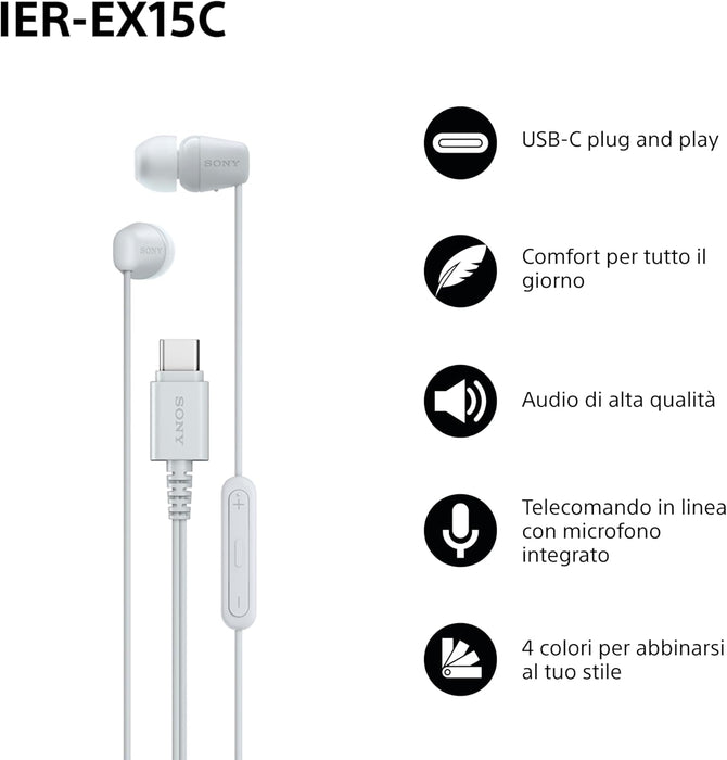 Sony IER‑EX15C USB‑C Wired Earbuds with Mic – Lightweight In‑Ear Headphones for Android, iPhone, Laptop & PC – Tangle‑Free Cable, Clear sound – Perfect for Travel & Everyday Use – White