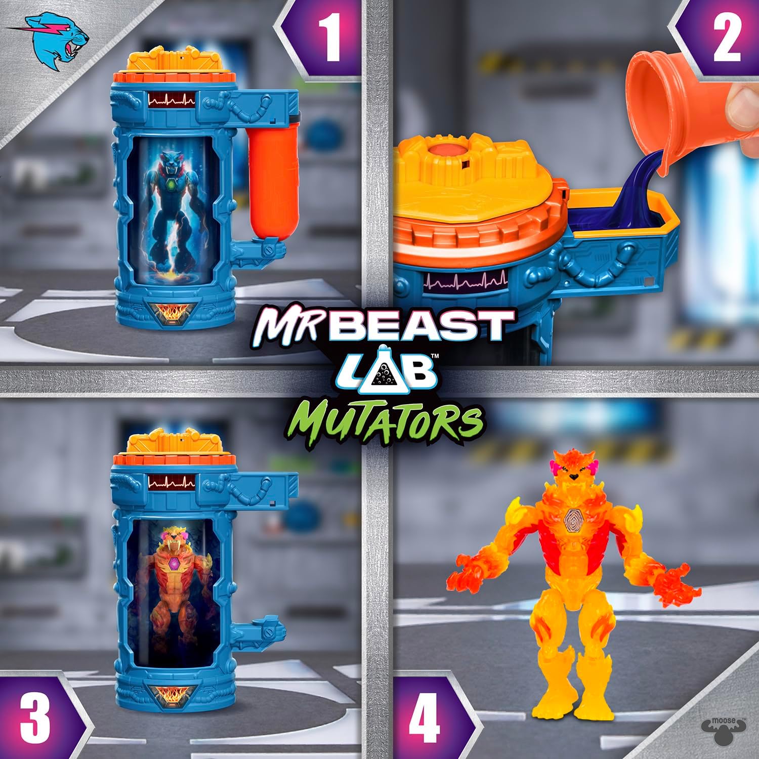 MRBEAST LAB Hyper Fusion Mutators, experimentieren und Fire Panther erschaffen, Mutationsflüssigkeit zufügen; Fingerabdruckscanner drücken und Panther enthüllen, 20+ bewegliche Gelenke