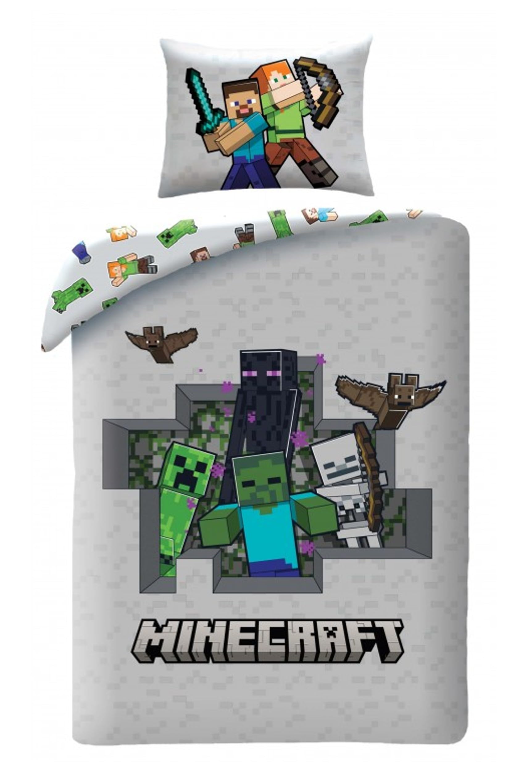 Children's reversible bed linen, children's bed linen, Oeko-Tex duvet cover 140 x 200 cm and pillowcase 70 x 90 cm, Minecraft with Alex and Steve