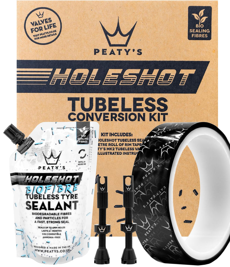 Peaty’s Tubeless Wheel Conversion Kit – Valves, Biofibre Tyre Sealant & NEW Rim Tape for MTB, Road, Gravel, DH Bikes – Easy Setup, Durable, Lightweight, Air-Tight Seal, Includes Step-by-Step Guide
