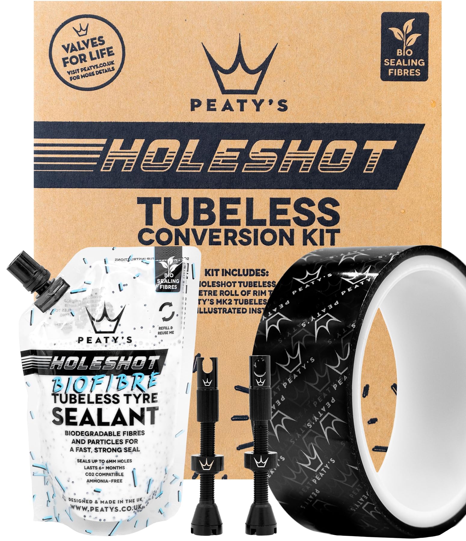 Peaty’s Tubeless Wheel Conversion Kit – Valves, Biofibre Tyre Sealant & NEW Rim Tape for MTB, Road, Gravel, DH Bikes – Easy Setup, Durable, Lightweight, Air-Tight Seal, Includes Step-by-Step Guide