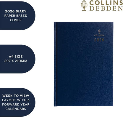 Collins - Desk - 2026 12 Month Calendar Year Planner, Week-To-View Diary, A4 Hard Cover - Black (40.99-26