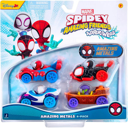 MARVEL Spidey and His Amazing Friends Amazing Metals 4 Pack - Four 3-Inch Die-Cast Water-Webs Vehicles with Built-In-Characters