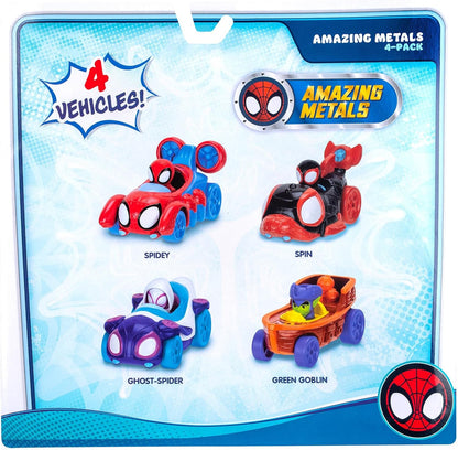 MARVEL Spidey and His Amazing Friends Amazing Metals 4 Pack - Four 3-Inch Die-Cast Water-Webs Vehicles with Built-In-Characters