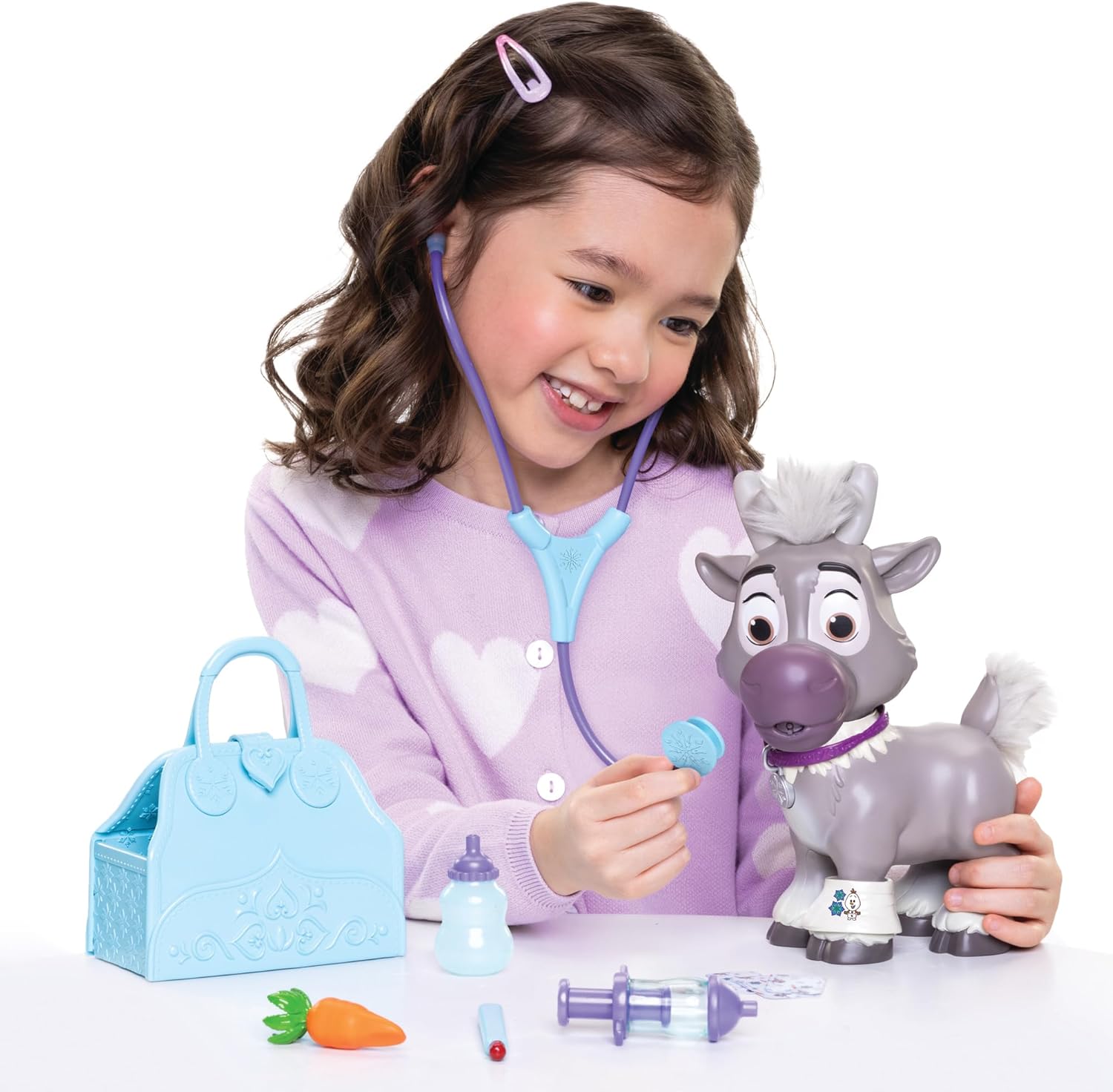 Disney Frozen Young Sven Feature Care Kit with Accessories by Jakks Pacific, 22cm Tall, Includes Travel Bag, 20+ Reactions, Doctors Set for kids Ages 3+, Batteries Included, Officially Licensed