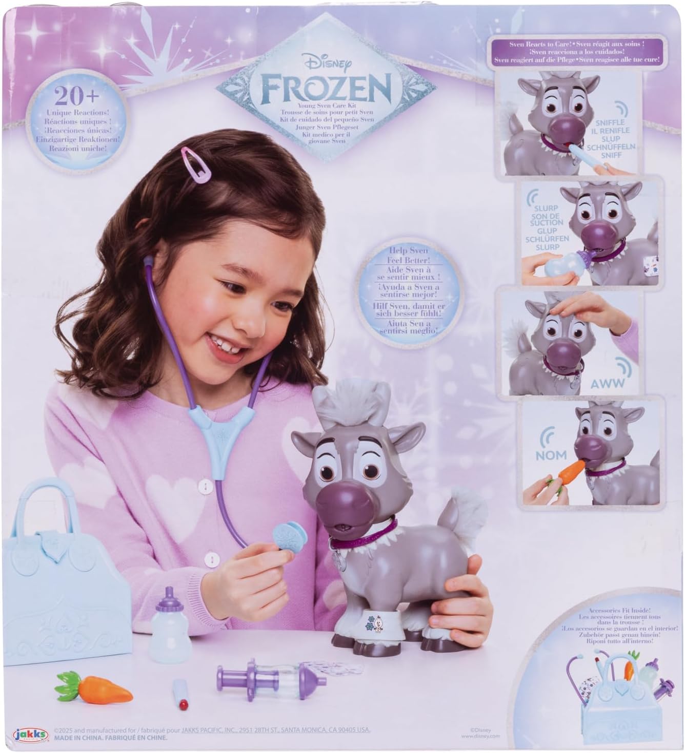 Disney Frozen Young Sven Feature Care Kit with Accessories by Jakks Pacific, 22cm Tall, Includes Travel Bag, 20+ Reactions, Doctors Set for kids Ages 3+, Batteries Included, Officially Licensed