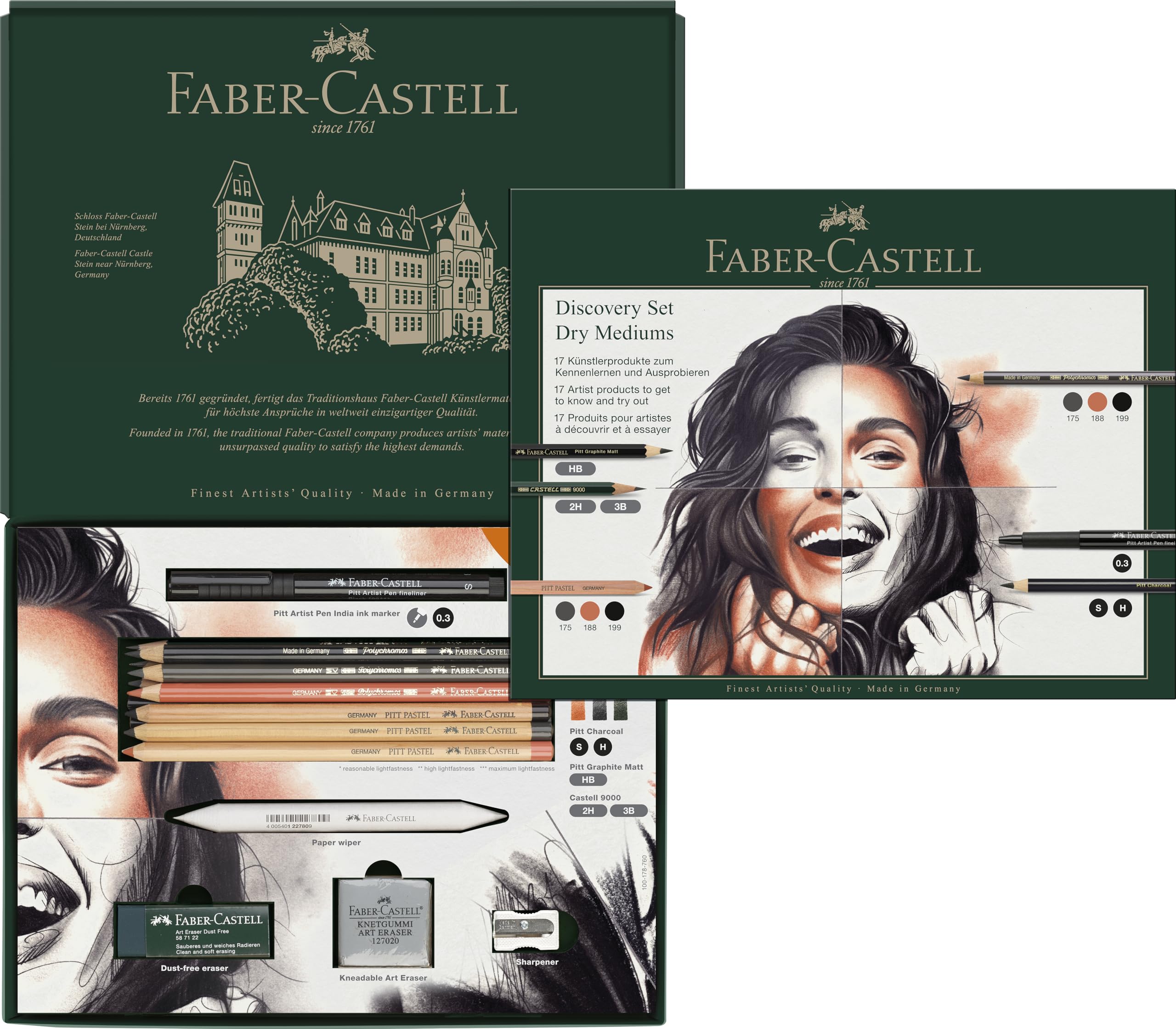 FABER-CASTELL 112925 - tekenset Discovery 17-delig, incl. polychromos, pitt pastel en houtskoolstiften, kunstenaarsbenodigdheden voor beginners