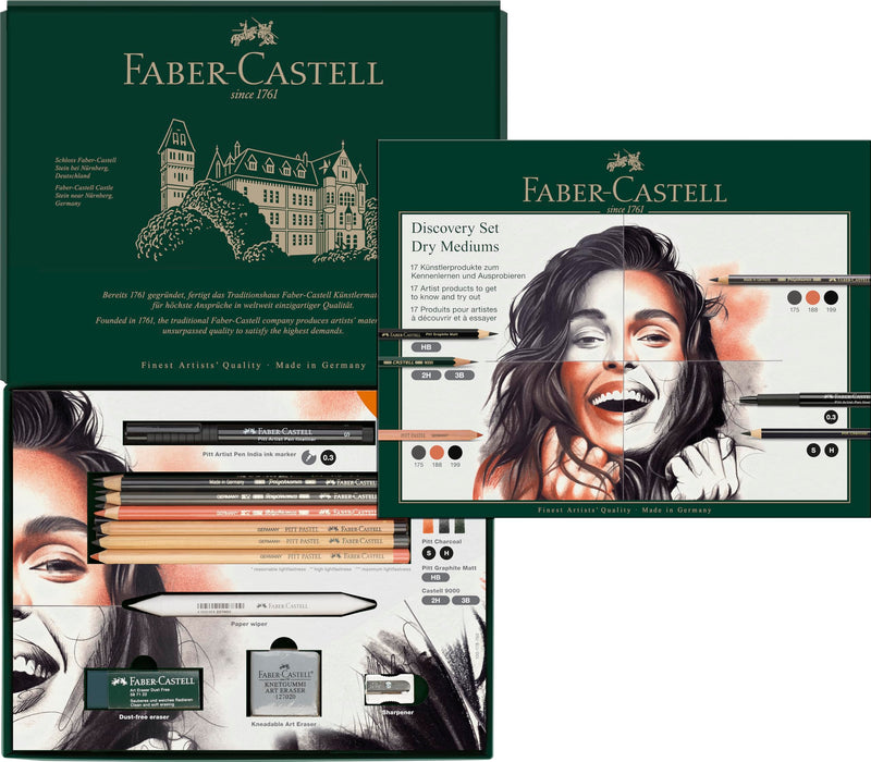 FABER-CASTELL 112925 - tekenset Discovery 17-delig, incl. polychromos, pitt pastel en houtskoolstiften, kunstenaarsbenodigdheden voor beginners