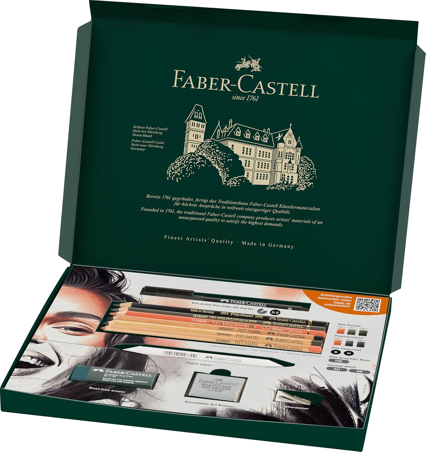 FABER-CASTELL 112925 - tekenset Discovery 17-delig, incl. polychromos, pitt pastel en houtskoolstiften, kunstenaarsbenodigdheden voor beginners