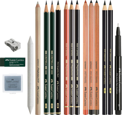 FABER-CASTELL 112925 - tekenset Discovery 17-delig, incl. polychromos, pitt pastel en houtskoolstiften, kunstenaarsbenodigdheden voor beginners