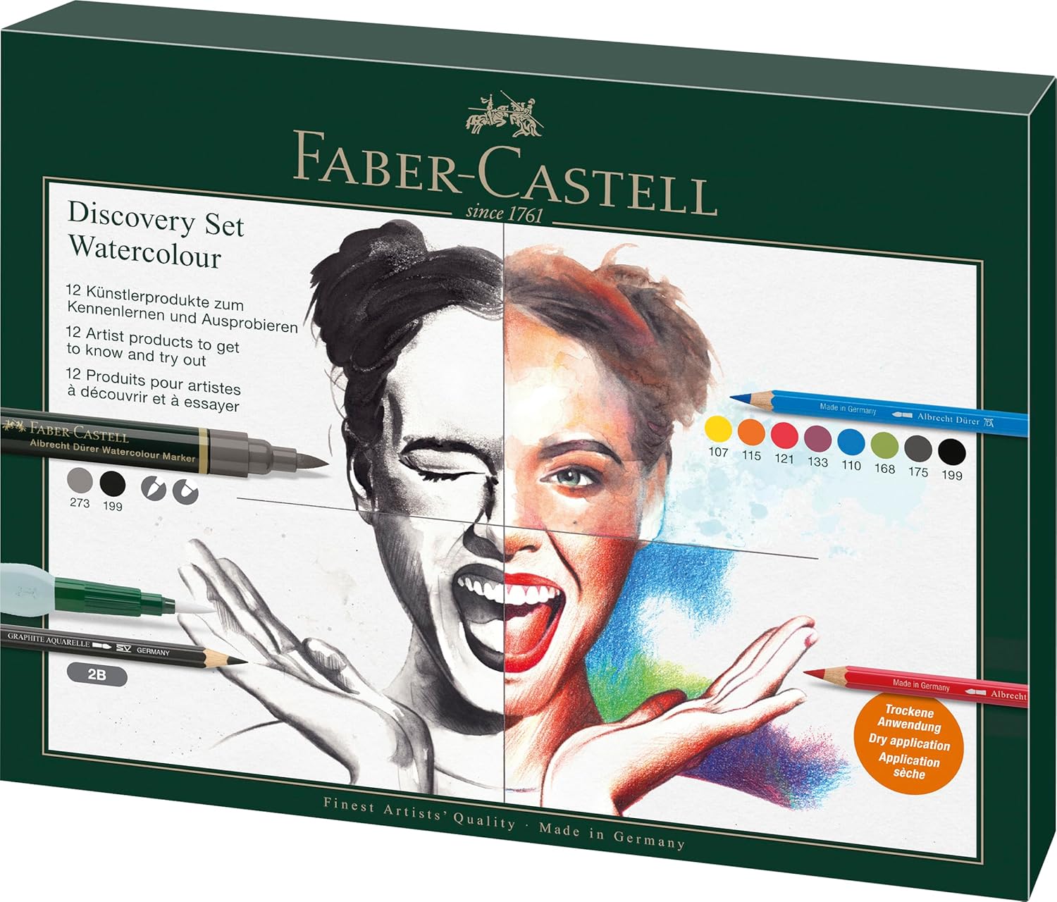Faber-Castell Discovery Set Albrecht Durer Wateroplosbare Art Set, 12 stuks, Artist Supplies, Aquarel Kleurpotloden, Aquarel Markers Pennen, Waterborstel, Kunstenaar Set, Thuis, School, Art Studio