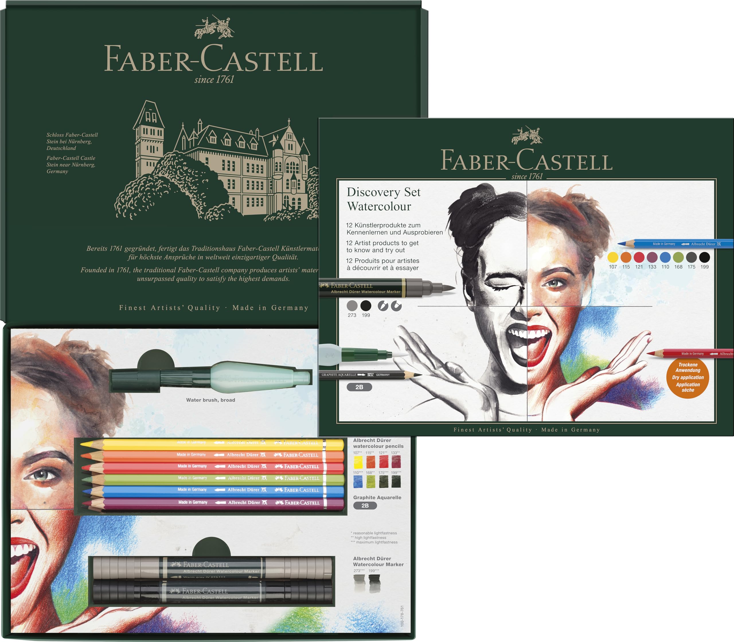 Faber-Castell Discovery Set Albrecht Durer Wateroplosbare Art Set, 12 stuks, Artist Supplies, Aquarel Kleurpotloden, Aquarel Markers Pennen, Waterborstel, Kunstenaar Set, Thuis, School, Art Studio