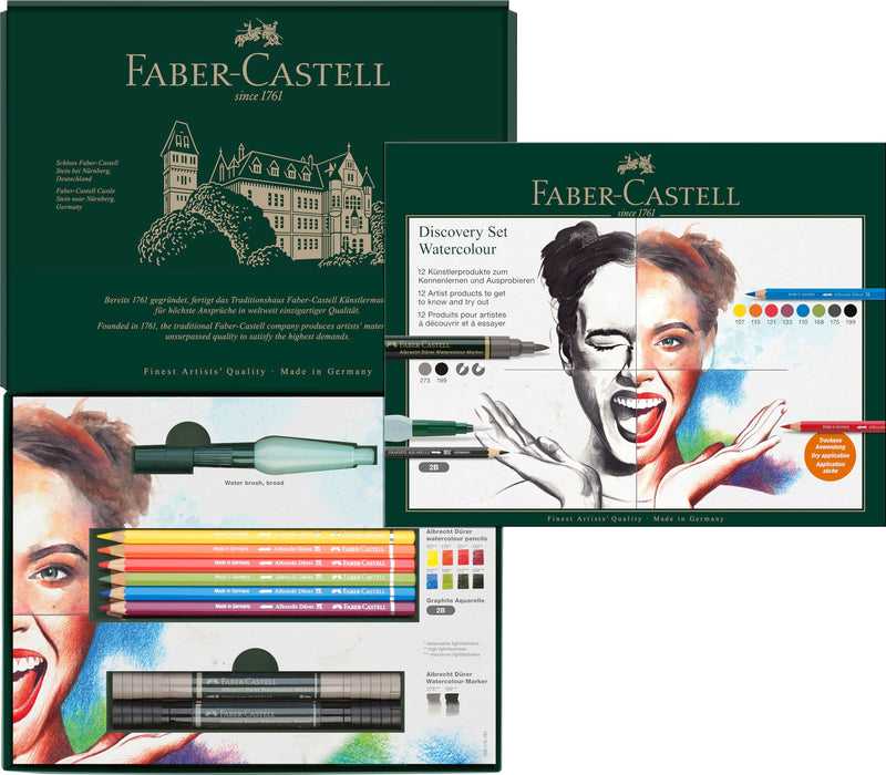 Faber-Castell Discovery Set Albrecht Durer Wateroplosbare Art Set, 12 stuks, Artist Supplies, Aquarel Kleurpotloden, Aquarel Markers Pennen, Waterborstel, Kunstenaar Set, Thuis, School, Art Studio