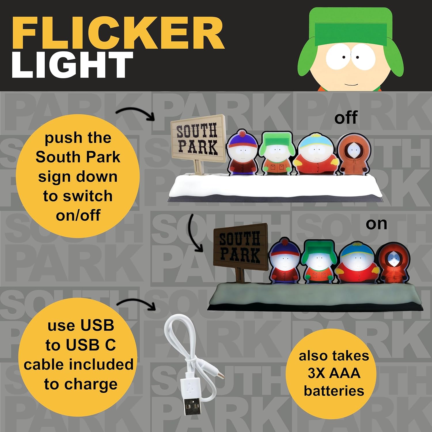 Blue Sky Studios South Park Flicker Light – USB Desk Lamp Featuring Cartman, Kenny, Stan & Kyle – Official Licensed Merchandise – Fun Collectible Lighting