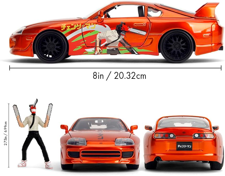 Jada Toys Chainsaw Man Auto Toyota Supra 1995 (20 cm) mit Chainsaw Man Figur (7 cm) - Modellauto mit Teilen zum Öffnen, Spielzeug-Set aus Metall für Fans und Sammler ab 8 Jahre