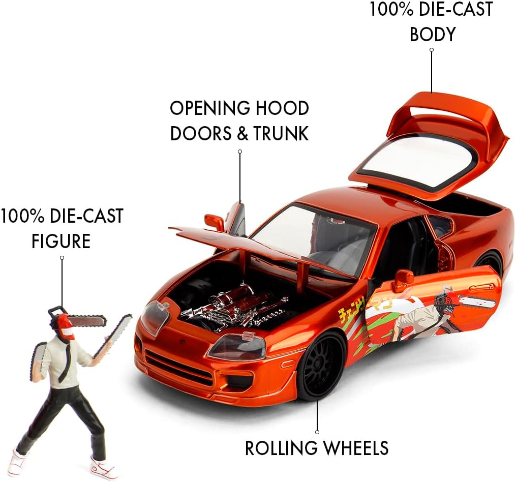 Jada Toys Chainsaw Man Auto Toyota Supra 1995 (20 cm) mit Chainsaw Man Figur (7 cm) - Modellauto mit Teilen zum Öffnen, Spielzeug-Set aus Metall für Fans und Sammler ab 8 Jahre