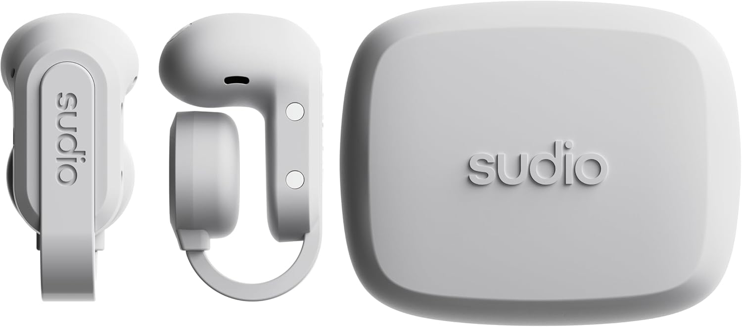 Sudio B3 Snow White - The Open Air Ear Clip. Made of recycled plastic. Open earphone, bone conduction technology, Bluetooth 5.4, water resistance IPX4, long playing time of a total of 24 hours.
