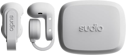 Sudio B3 Snow White - The Open Air Ear Clip. Made of recycled plastic. Open earphone, bone conduction technology, Bluetooth 5.4, water resistance IPX4, long playing time of a total of 24 hours.