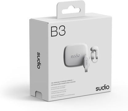 Sudio B3 Snow White - The Open Air Ear Clip. Made of recycled plastic. Open earphone, bone conduction technology, Bluetooth 5.4, water resistance IPX4, long playing time of a total of 24 hours.