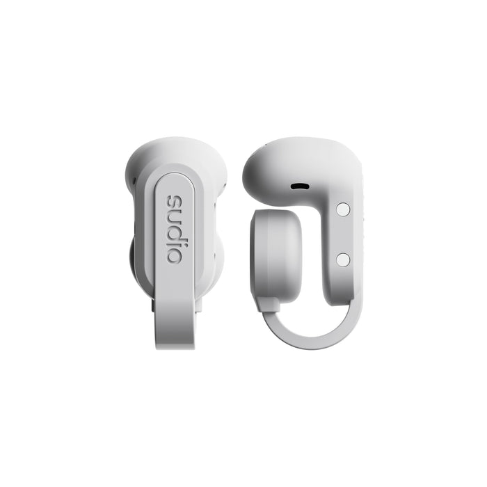 Sudio B3 Snow White - The Open Air Ear Clip. Made of recycled plastic. Open earphone, bone conduction technology, Bluetooth 5.4, water resistance IPX4, long playing time of a total of 24 hours.