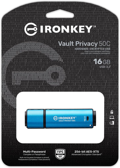 Kingston IronKey Vault Privacy 50 FIPS 197 Certified & XTS-AES 256-bit Encrypted USB TypeC Drive for Data Protection - IKVP50C/16GB