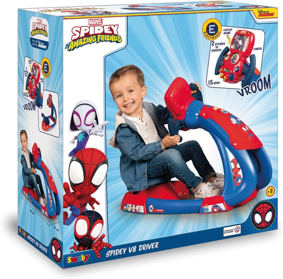 Smoby - Spidey - V8 Driver - Rijsimulator voor kinderen - Racecoureur - Elektronisch stuur - Boost- en achteruitrijfuncties - Geluiden en lichten - Vanaf 3 jaar - Gemaakt in Frankrijk