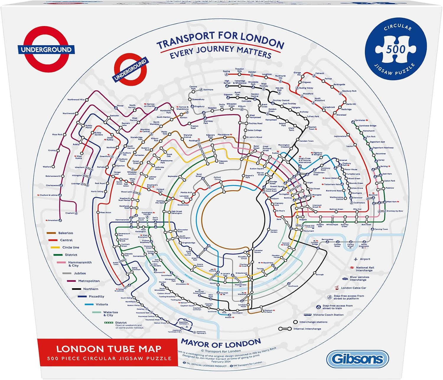 Gibsons Round London Tube Map 500 Piece Circular Jigsaw Puzzle for Adults & Teens – Challenging Underground Puzzle Thick Sustainable 100% Recycled Board, TFL Transport for London, UK Made British Gift