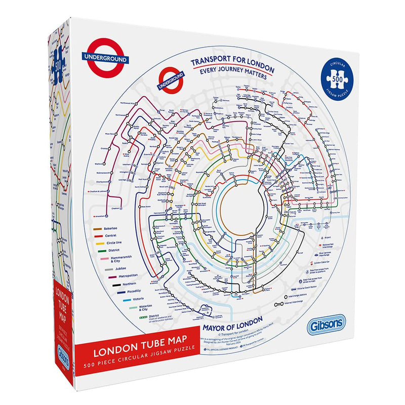 Gibsons Round London Tube Map 500 Piece Circular Jigsaw Puzzle for Adults & Teens – Challenging Underground Puzzle Thick Sustainable 100% Recycled Board, TFL Transport for London, UK Made British Gift