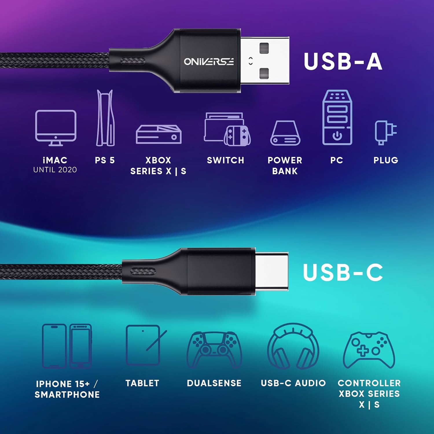 Oniverse Usb-A To Usb-C Charge Cable, 3 M - Black