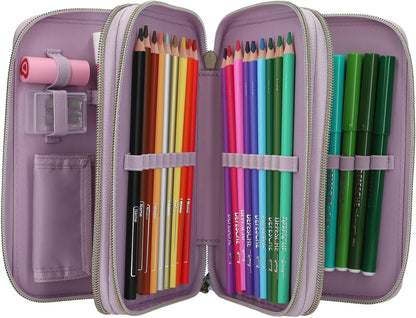 Depesche 13664 TOPModel Cowgirl - Filled 3-Compartment Pencil Case in Purple, with Model Motif and Flower Pattern, Pencil Case with Colouring Pencils, Scissors, Ruler and Much More