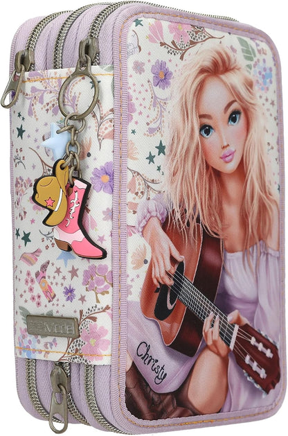 Depesche 13664 TOPModel Cowgirl - Filled 3-Compartment Pencil Case in Purple, with Model Motif and Flower Pattern, Pencil Case with Colouring Pencils, Scissors, Ruler and Much More