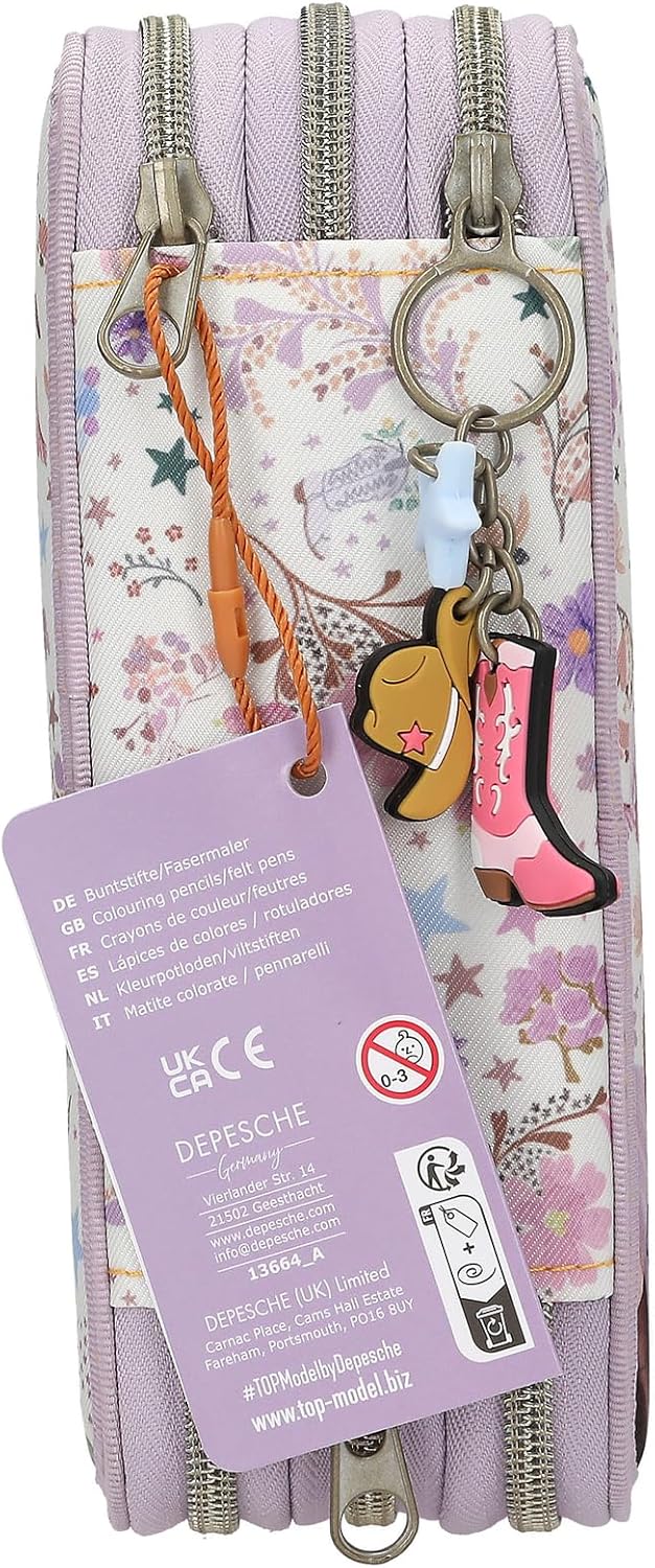 Depesche 13664 TOPModel Cowgirl - Filled 3-Compartment Pencil Case in Purple, with Model Motif and Flower Pattern, Pencil Case with Colouring Pencils, Scissors, Ruler and Much More