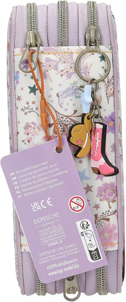 Depesche 13664 TOPModel Cowgirl - Filled 3-Compartment Pencil Case in Purple, with Model Motif and Flower Pattern, Pencil Case with Colouring Pencils, Scissors, Ruler and Much More