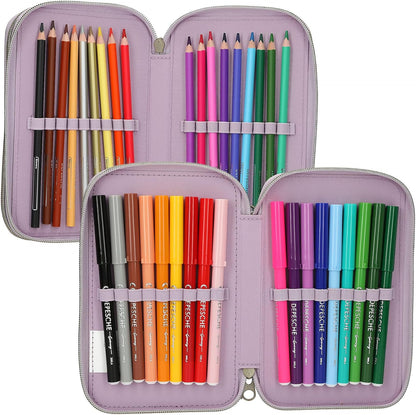 Depesche 13664 TOPModel Cowgirl - Filled 3-Compartment Pencil Case in Purple, with Model Motif and Flower Pattern, Pencil Case with Colouring Pencils, Scissors, Ruler and Much More
