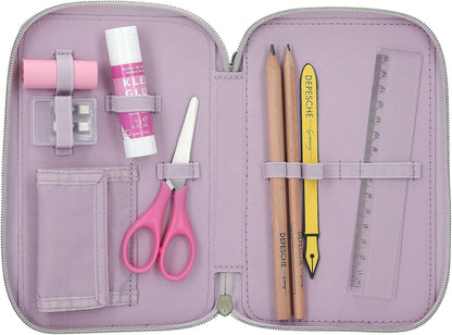 Depesche 13664 TOPModel Cowgirl - Filled 3-Compartment Pencil Case in Purple, with Model Motif and Flower Pattern, Pencil Case with Colouring Pencils, Scissors, Ruler and Much More