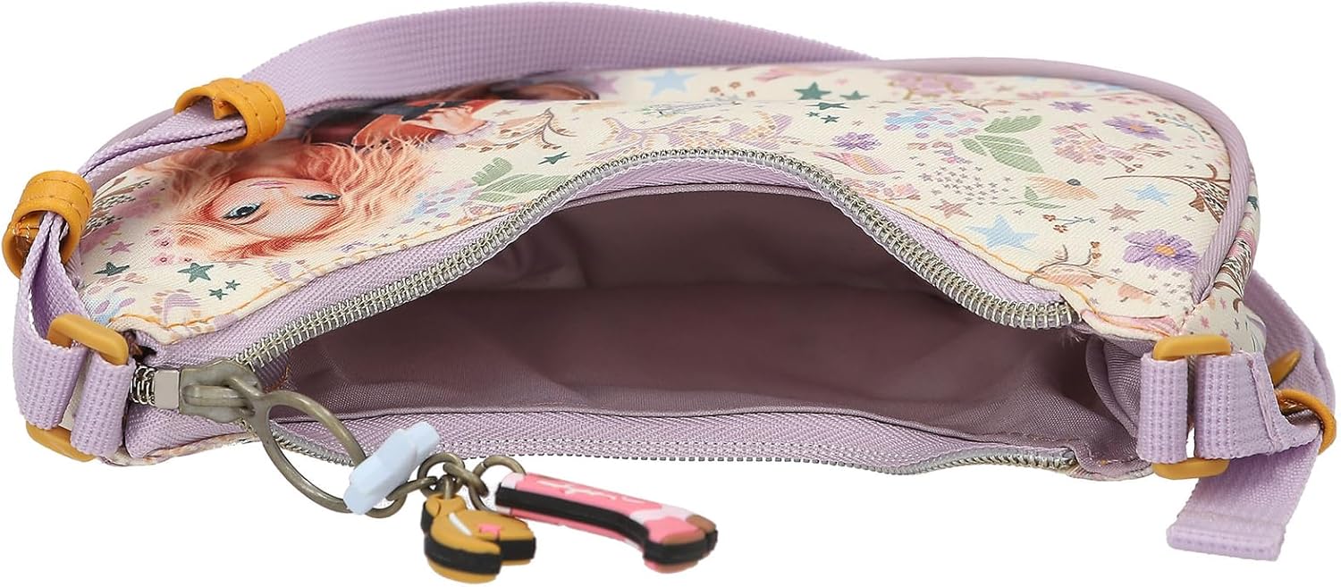 Depesche TOPModel 13670 Unisex Children's Crescent Moon Cowgirl Small Handbag in Purple with Model Motif and Floral Pattern, Bag with Zip Pendant, Cream
