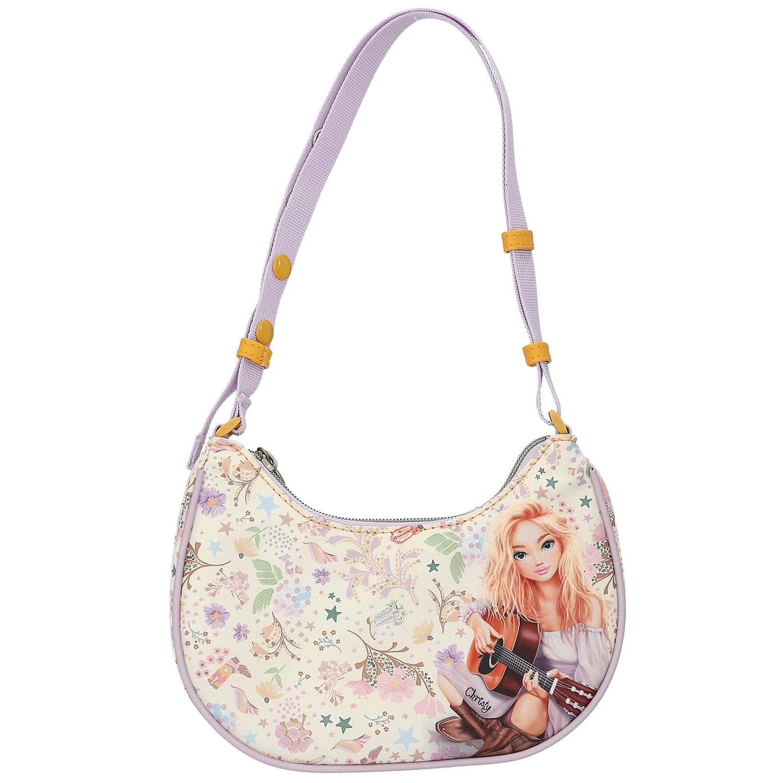 Depesche TOPModel 13670 Unisex Children's Crescent Moon Cowgirl Small Handbag in Purple with Model Motif and Floral Pattern, Bag with Zip Pendant, Cream