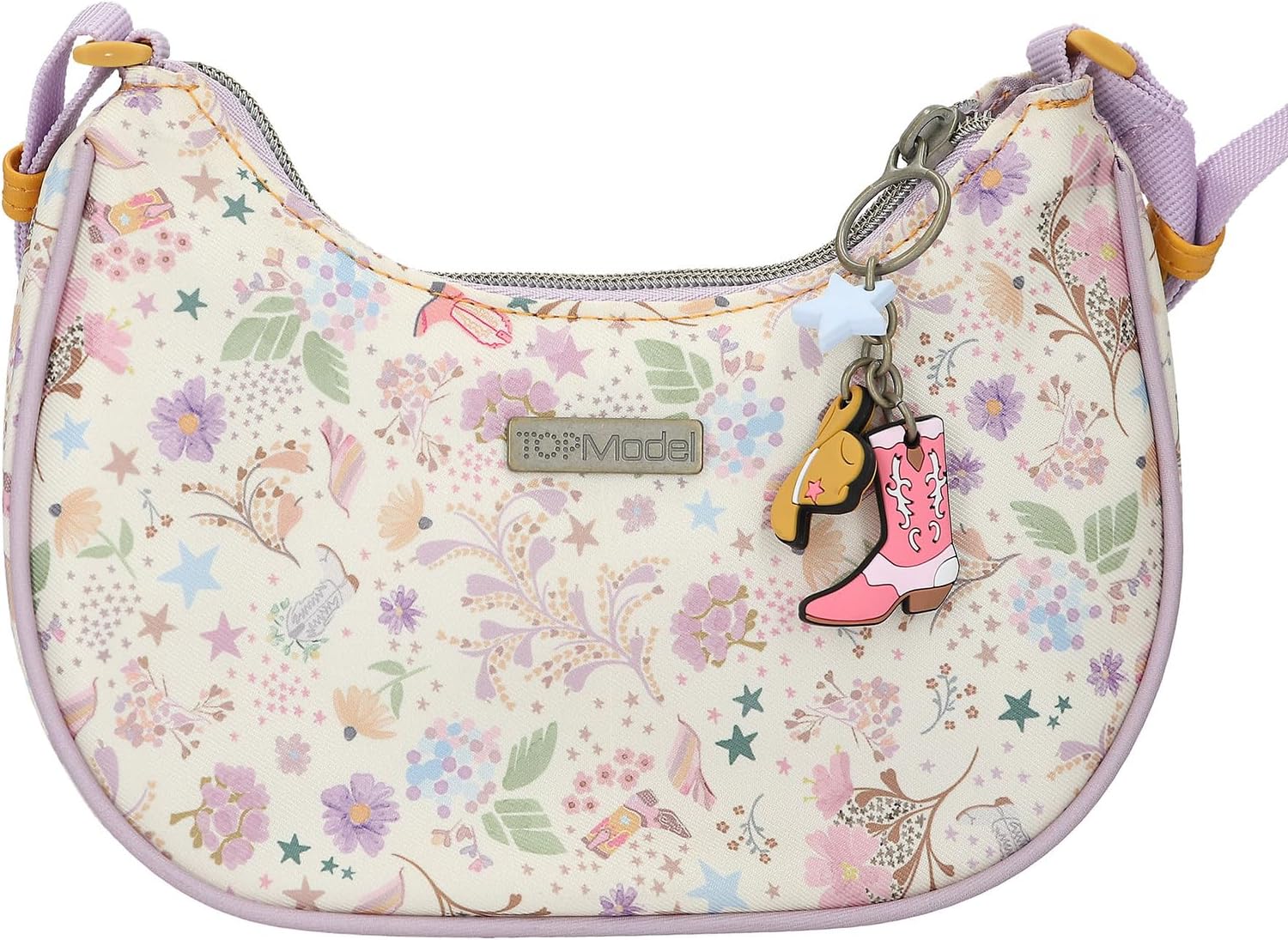 Depesche TOPModel 13670 Unisex Children's Crescent Moon Cowgirl Small Handbag in Purple with Model Motif and Floral Pattern, Bag with Zip Pendant, Cream