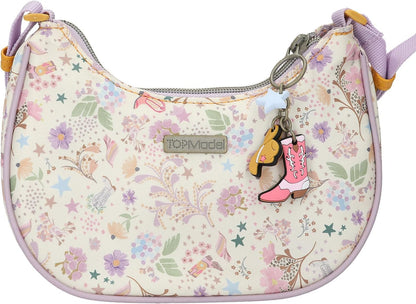 Depesche TOPModel 13670 Unisex Children's Crescent Moon Cowgirl Small Handbag in Purple with Model Motif and Floral Pattern, Bag with Zip Pendant, Cream