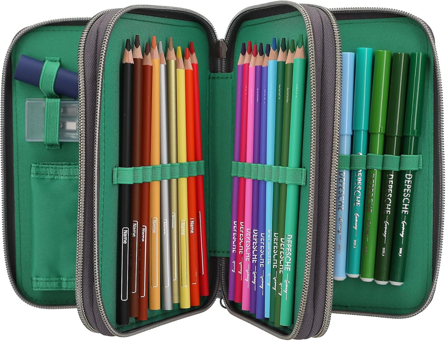 Depesche 13709 Adventure World Panther - filled 3-chamber pencil case in black, with leopard motif and LED light effects, pencil case with colored pencils, scissors