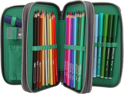 Depesche 13709 Adventure World Panther - filled 3-chamber pencil case in black, with leopard motif and LED light effects, pencil case with colored pencils, scissors
