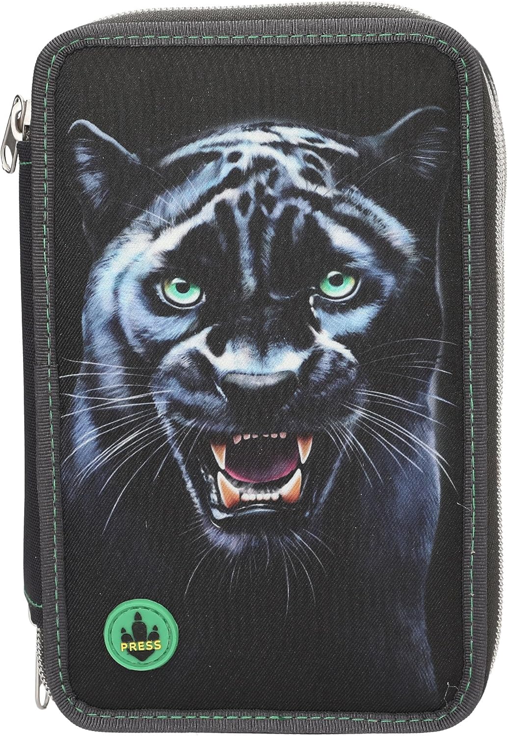 Depesche 13709 Adventure World Panther - filled 3-chamber pencil case in black, with leopard motif and LED light effects, pencil case with colored pencils, scissors