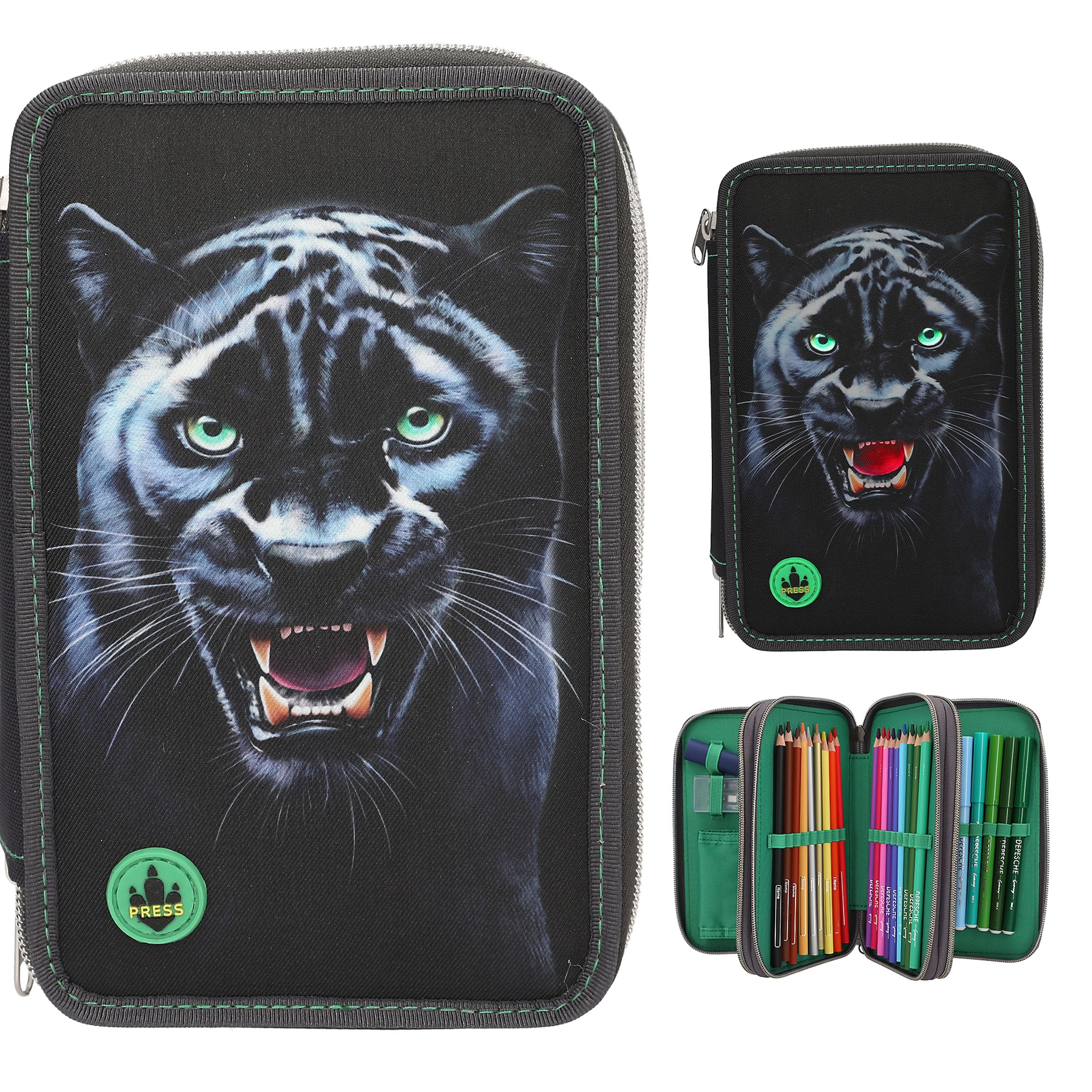 Depesche 13709 Adventure World Panther - filled 3-chamber pencil case in black, with leopard motif and LED light effects, pencil case with colored pencils, scissors