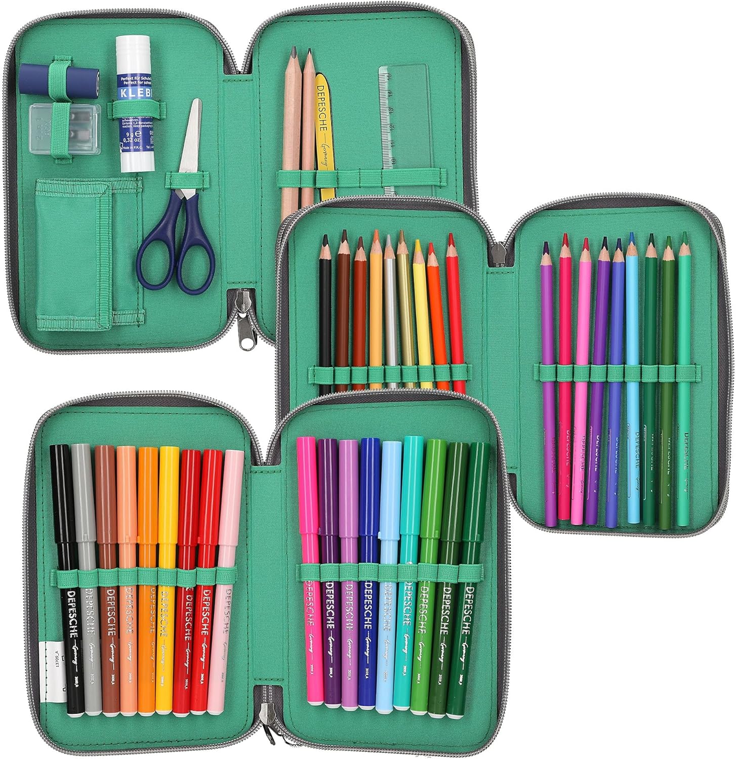 Depesche 13709 Adventure World Panther - filled 3-chamber pencil case in black, with leopard motif and LED light effects, pencil case with colored pencils, scissors