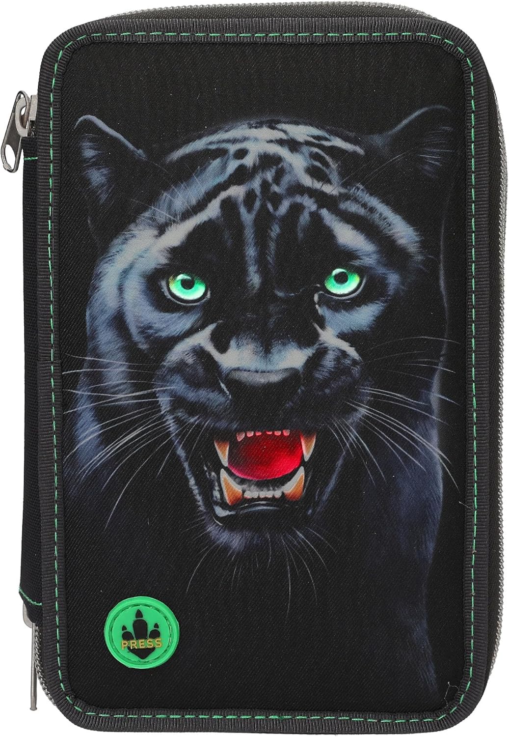 Depesche 13709 Adventure World Panther - filled 3-chamber pencil case in black, with leopard motif and LED light effects, pencil case with colored pencils, scissors
